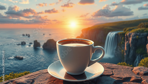 create a mesmarising 3D coffee art using coffee on a cup, hillside, seaside sunrise waterfall, illustration, 3d render, vibrant photo