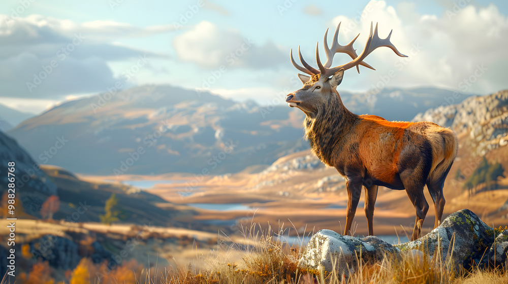 Naklejka premium A majestic red deer with impressive antlers stands proudly overlooking an expansive and scenic landscape of rolling hills