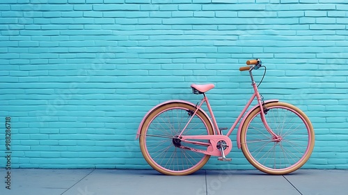 A pink bicycle stands against a turquoise brick wall.