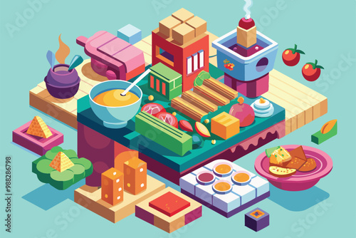 A vibrant, isometric illustration showcases various deconstructed foods arranged in a playful kitchen setup, inviting creative culinary expression.