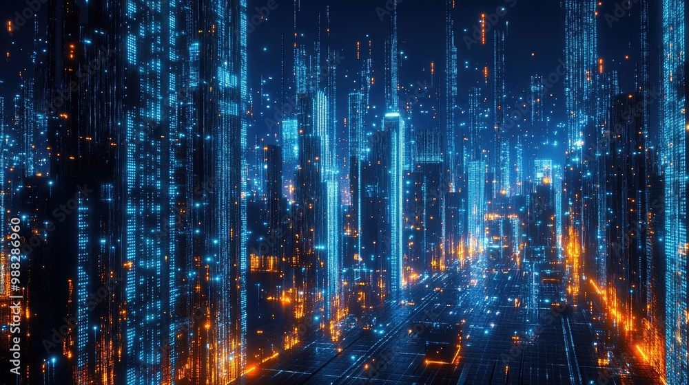 Fototapeta premium Futuristic Cityscape Featuring a Digitally Enhanced Grid of Urban Lighting and Connectivity