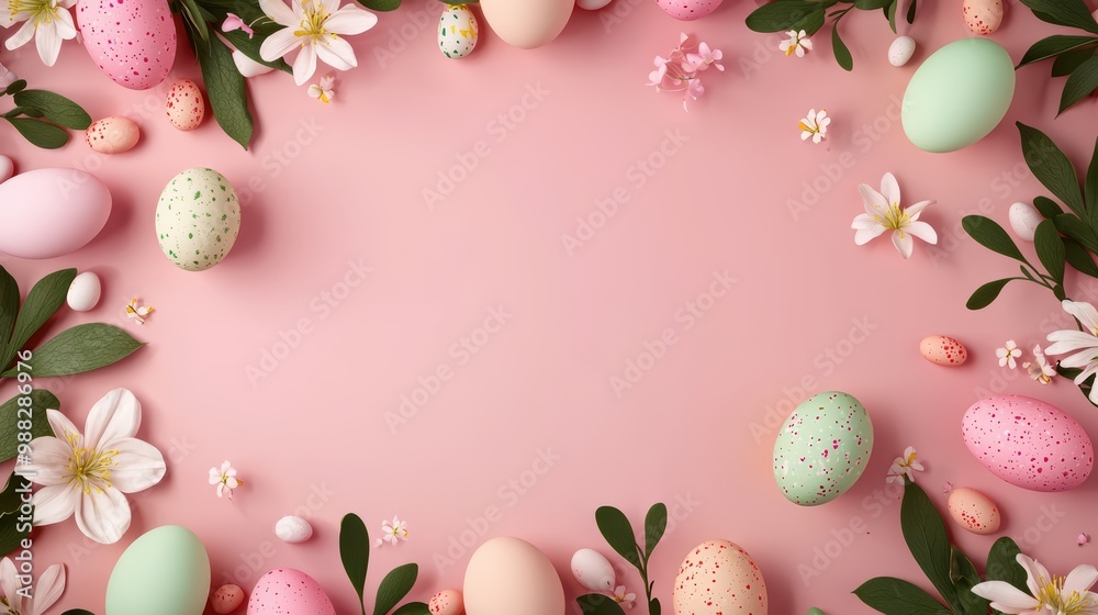 Colorful Easter Eggs and Spring Flowers on Pink Background with Copy Space Colorful Easter Eggs and Spring Flowers on Pink Background with Copy Space