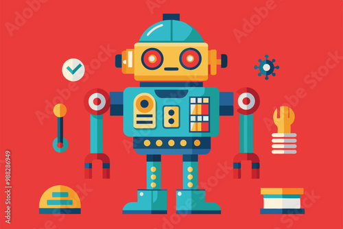 A whimsical cartoon robot stands proudly, surrounded by colorful interactive components, inviting creativity and customization in a vibrant setting.