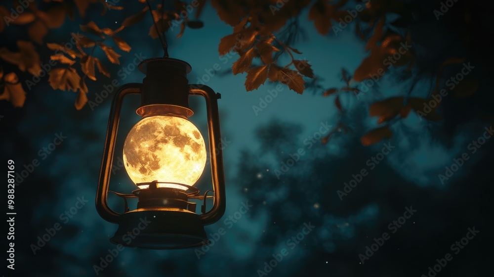 Illuminated lantern resembling a moon glow in the night sky Illuminated lantern resembling a moon glow in the night sky