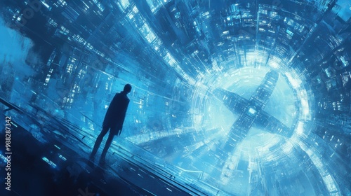 Futuristic Cityscape with Man Looking into a Portal