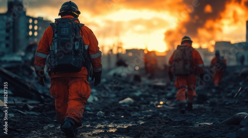 Rescue team is searching for victims through post disaster building ruins.