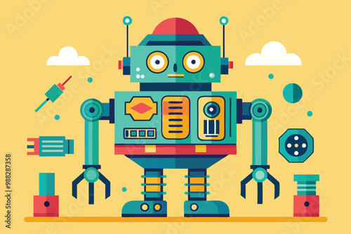 A colorful, customizable robot stands prominently, surrounded by various disassembled parts ready for reassembly and personalization.