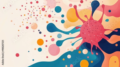 Vibrant flat design of cancer cells, combining playful textures and cartoon features for a captivating visual appeal.