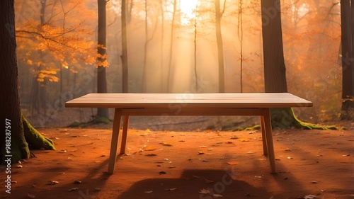 bench in the park,wooden table placed in an orange hued trees