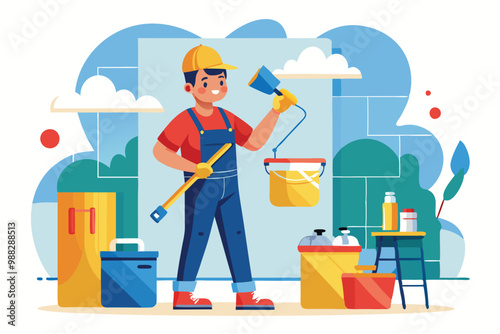 A decorator prepares to paint an interior space, holding a roller brush and paint can, surrounded by various tools and paint supplies.