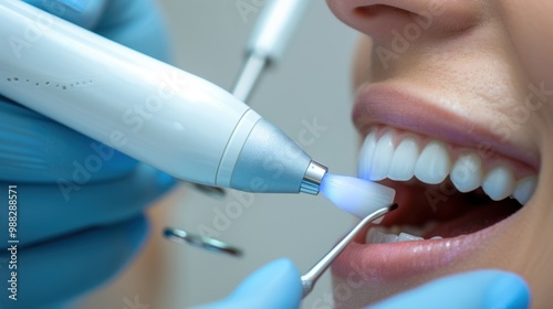 Ultrasonic Scaler: This instrument uses high-frequency vibrations to eliminate plaque and tartar buildup on teeth, enhancing dental cleanings and patient comfort. photo