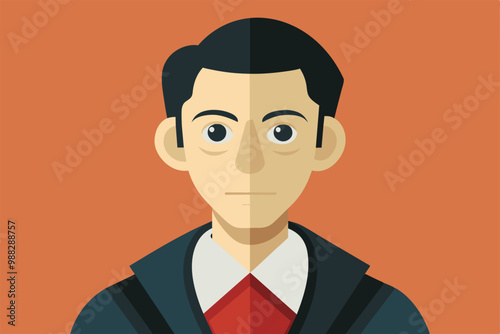 A stylized representation of a male defendant featuring exaggerated facial features and a distinctive color palette.