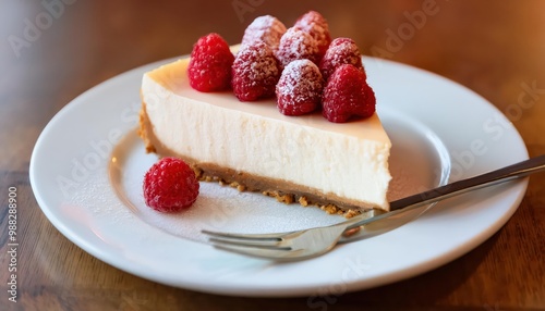 Rich and indulgent, this cheesecake combines the sweetness of white chocolate with the tartness of fresh raspberries. photo