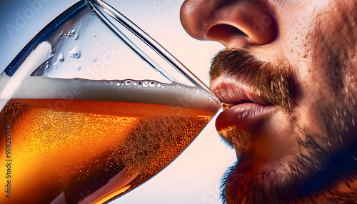 Primer plano de labios bebiendo y saboreando una cerveza servida en copa de vidrio. Beber, alcohol, fiesta, degustación
