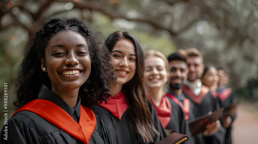 Portrait of a group of smiling laughing happy multiracial international graduates students standing in a row in a university graduate gown and holding diploma. Education and graduat Portrait of a group of smiling laughing happy multiracial international graduates students standing in a row in a university graduate gown and holding diploma. Education and graduat