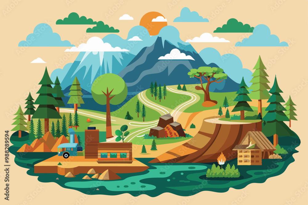 This artwork illustrates the effects of deforestation, showing altered landscapes with cut trees, mountains, and a winding road near a body of water. This artwork illustrates the effects of deforestation, showing altered landscapes with cut trees, mountains, and a winding road near a body of water.