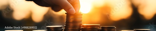 A hand carefully stacks coins against a warm sunset backdrop, symbolizing investment and the growth of wealth. photo
