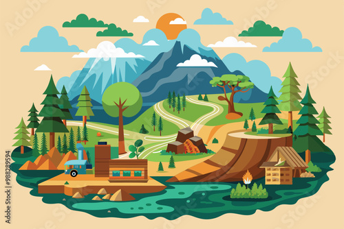 This artwork illustrates the effects of deforestation, showing altered landscapes with cut trees, mountains, and a winding road near a body of water.
