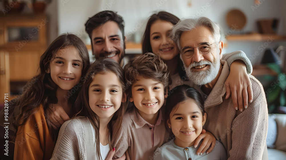 Portrait of a happy beautiful extended multi generational family all together at home. Cheerful, joyful children, parents and grandparents standing in the living room, hugging