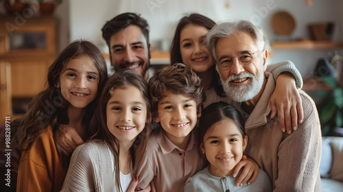 Portrait of a happy beautiful extended multi generational family all together at home. Cheerful, joyful children, parents and grandparents standing in the living room, hugging