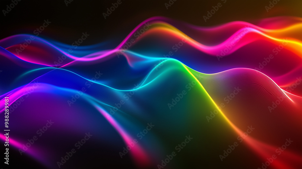 Naklejka premium Abstract holographic background on a black canvas with rainbow colors, featuring curved lines, blurred edges, motion effects, and glowing gradients.