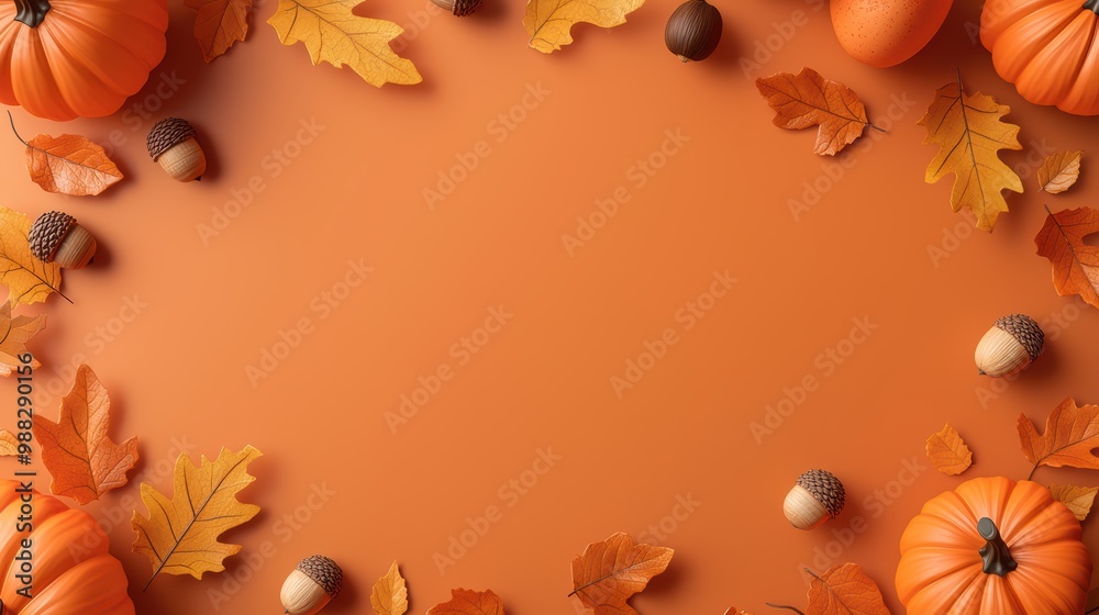 Obraz premium Autumn Background with Pumpkins, Leaves, and Acorns on Orange Surface for Seasonal and Thanksgiving Themes