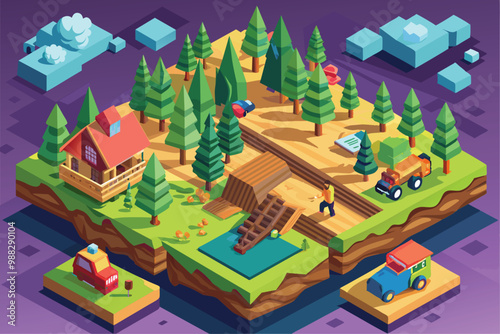 A customizable isometric illustration showcases deforestation with forests, vehicles, a cabin, and human activity affecting the landscape.