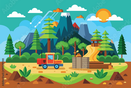 A colorful representation of deforestation, showcasing heavy machinery amidst lush trees, mountains, and a bright sun, depicting the environmental impact.
