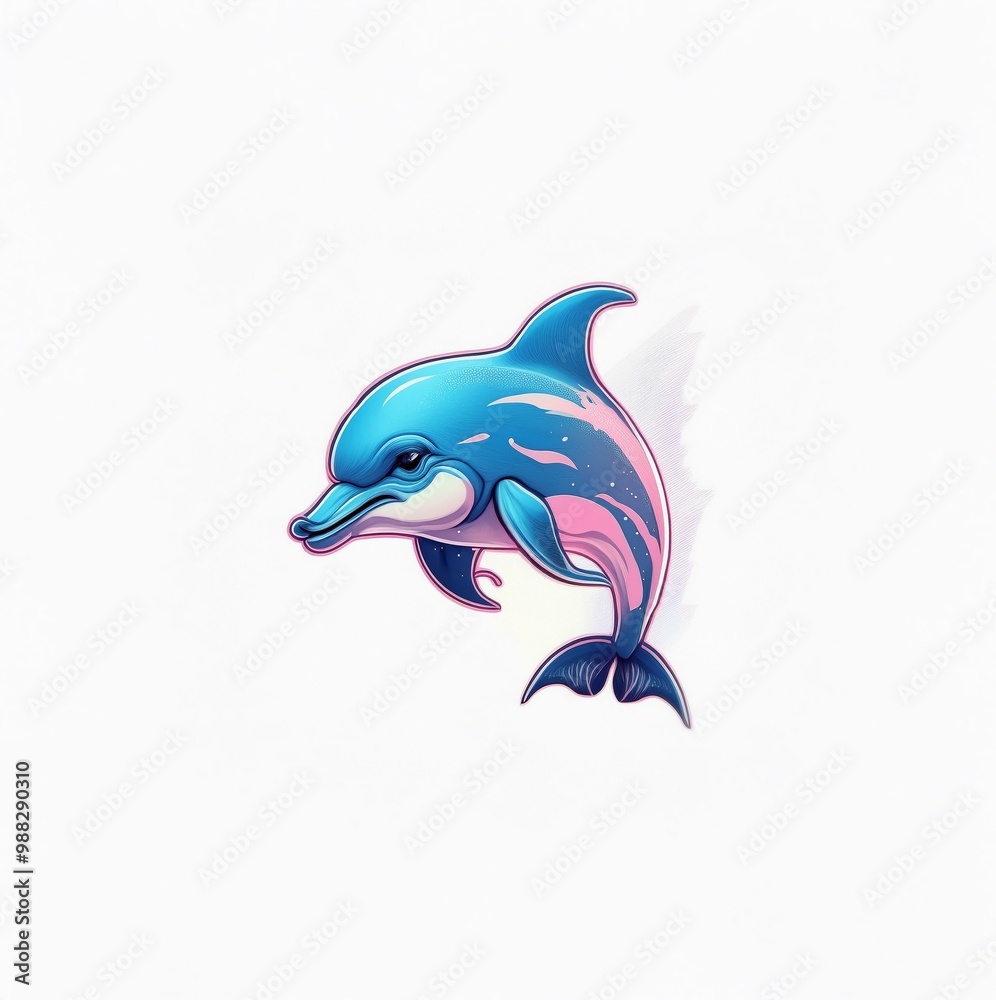 A blue and pink dolphin with a white background. The dolphin is jumping and has a stylized, cartoonish appearance. A blue and pink dolphin with a white background. The dolphin is jumping and has a stylized, cartoonish appearance.