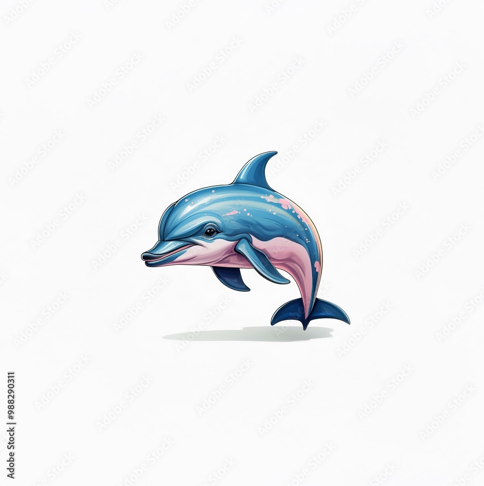 A cartoon blue dolphin with pink spots leaping out of the water. A cartoon blue dolphin with pink spots leaping out of the water.