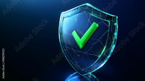 
Protection. Healthcare. Insurance. Cyber security. Network safety. Protection shield with green Check mark icon inside transparent sphere shield with hexagon pattern on blue background. Vector illust