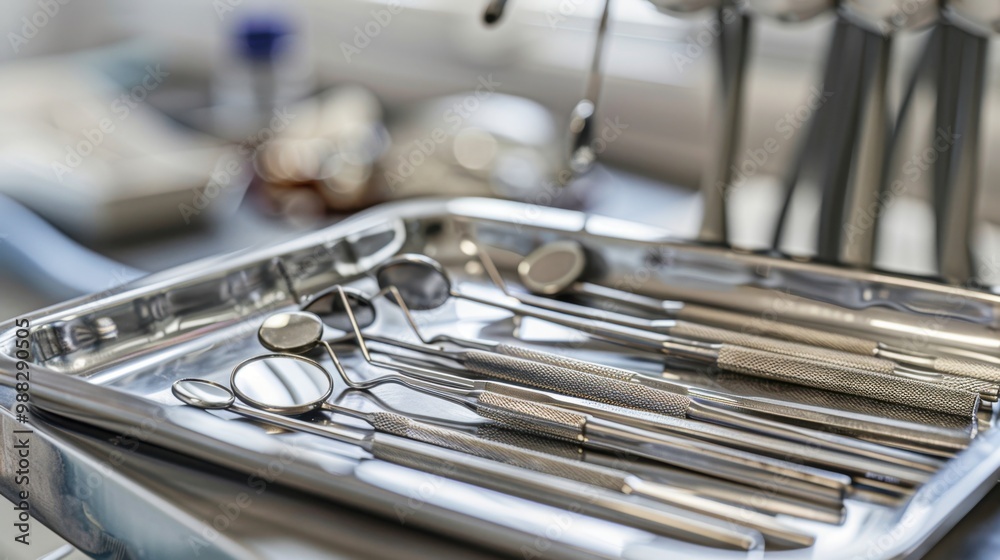 Dental Instruments Tray: This sterile tray is designed for dental procedures, holding all necessary tools like probes, scalers, and forceps for easy access during treatment.
Dental Instruments Tray: This sterile tray is designed for dental procedures, holding all necessary tools like probes, scalers, and forceps for easy access during treatment.