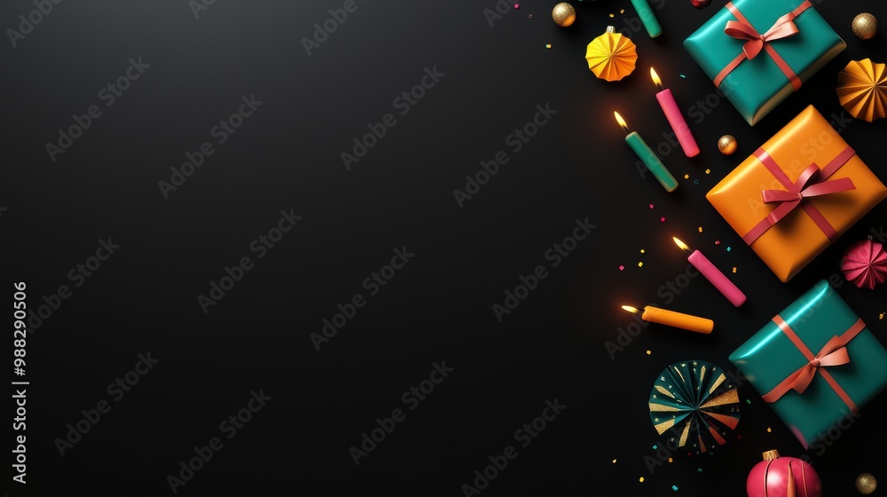 Festive Christmas Background with Colorful Wrapped Gifts, Candles, and Confetti on Black Surface Festive Christmas Background with Colorful Wrapped Gifts, Candles, and Confetti on Black Surface