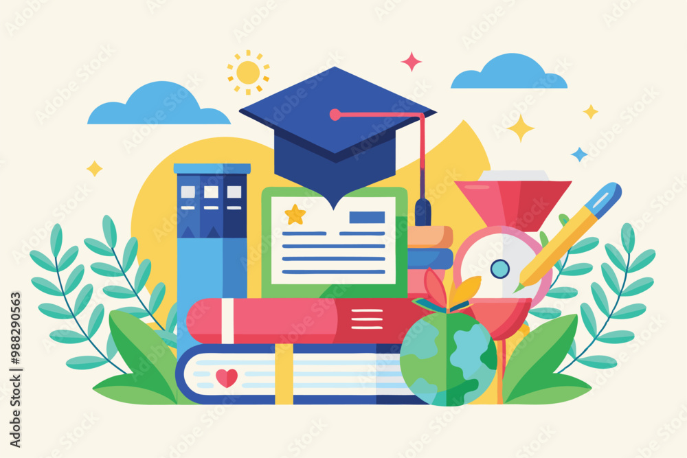 Fototapeta premium A vibrant illustration highlighting education, featuring books, a globe, and a graduation cap, symbolizing learning and achievement in a cheerful environment.