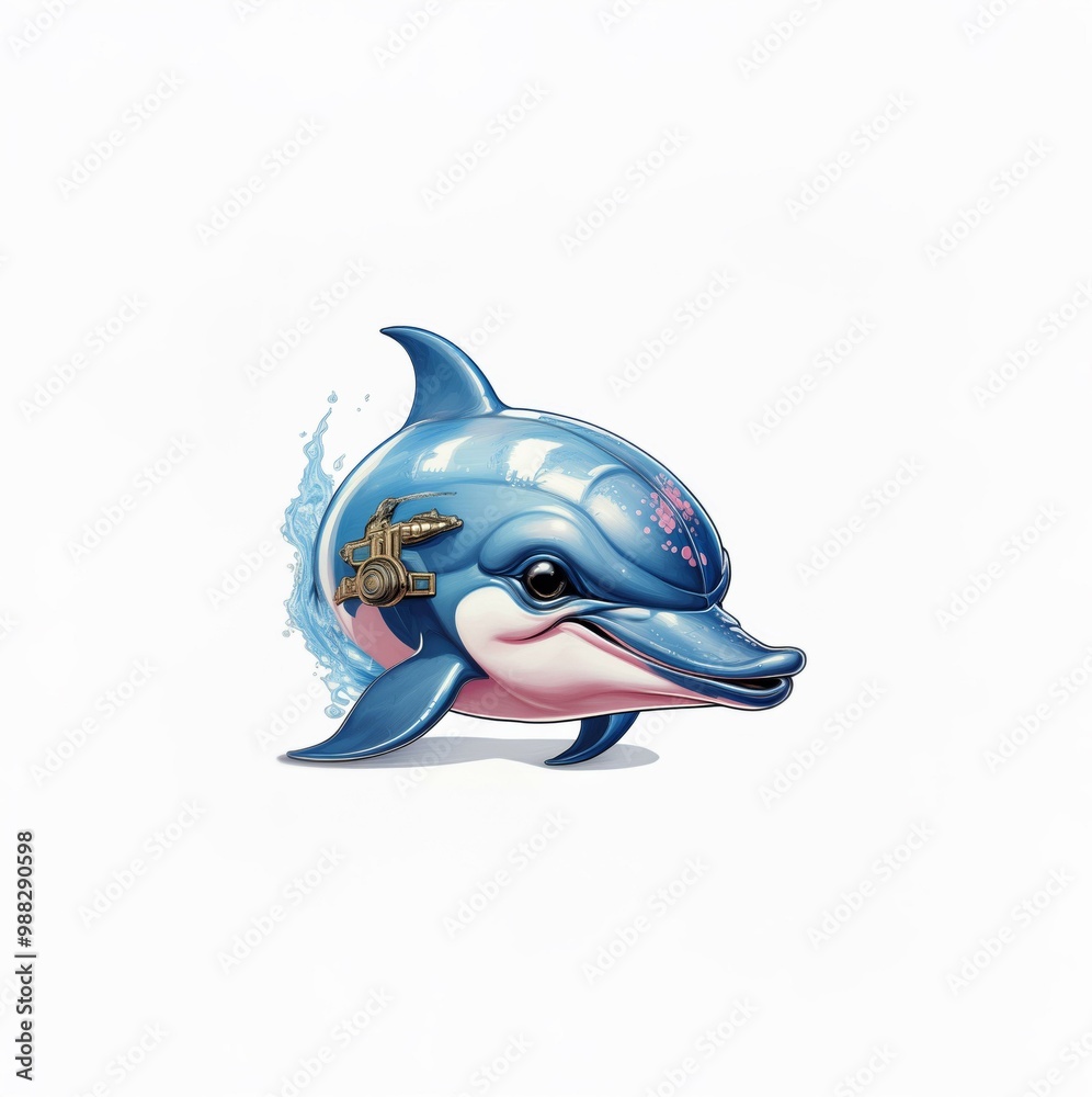 Obraz premium A cartoon dolphin with pink spots and a golden device attached to its head. The dolphin is swimming and there is blue water behind it.