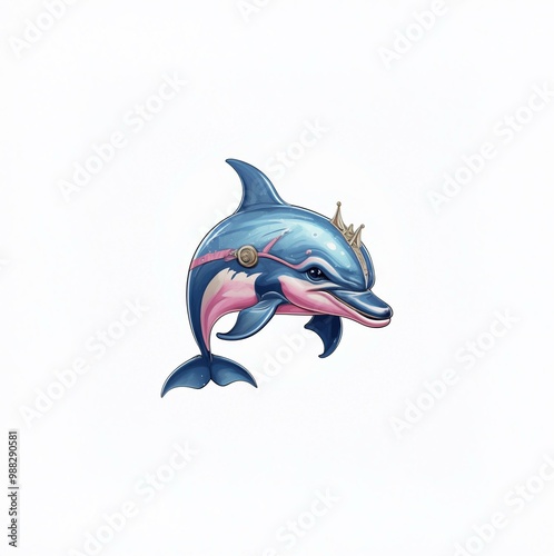 A blue dolphin with a pink belly and a golden crown leaps through the air. photo