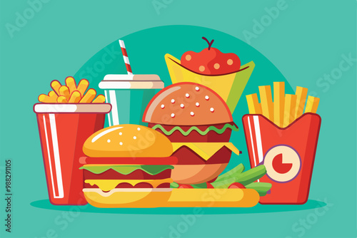 A vibrant assortment of fast food items including burgers, fries, a drink, and snacks arranged creatively for appealing visual design. photo