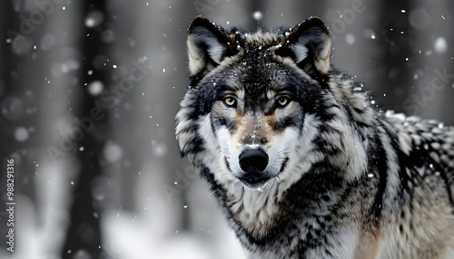 Intense Gaze of a Fierce Wolf in a Snowy Forest, Capturing the Essence of Winter Wildlife and Survival