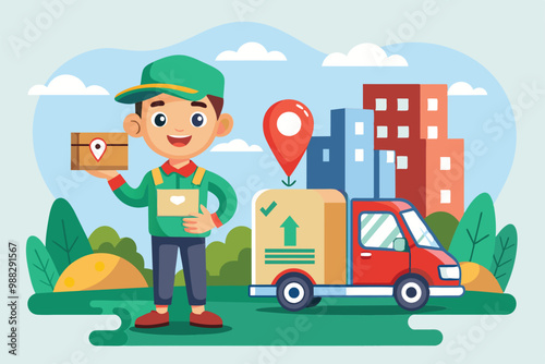 A cheerful delivery person stands with a package in hand, next to a delivery truck, surrounded by green trees and colorful buildings in a lively atmosphere.