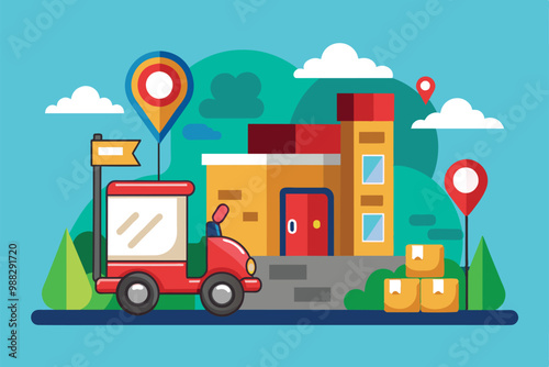 A colorful flat illustration displays a delivery vehicle parked beside a home, featuring customizable address markers and packages nearby.