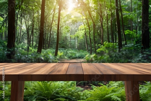 Green nature with woodden table top blur morning light forest for montage products display advertising background Generative AI photo