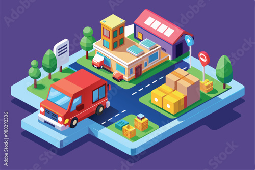 A colorful isometric illustration shows delivery vehicles surrounded by packages in a lively neighborhood setting.