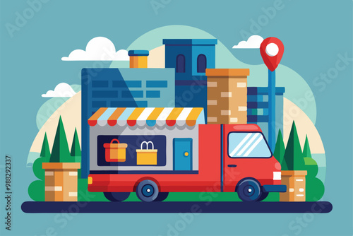 A vibrant delivery truck parks in an urban area, with buildings and trees in the background, ready to serve its customers.