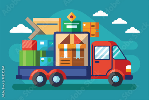 A delivery truck filled with various boxes and packages is driving under a bright blue sky with fluffy clouds.