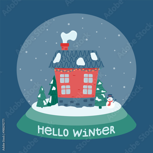 Wallpaper Mural Hello winter. Cute Christmas and winter house. Glass ball with a decorated house. Torontodigital.ca