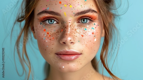 Vibrant artistic portrait of a beautiful woman showcasing colorful abstract makeup styles