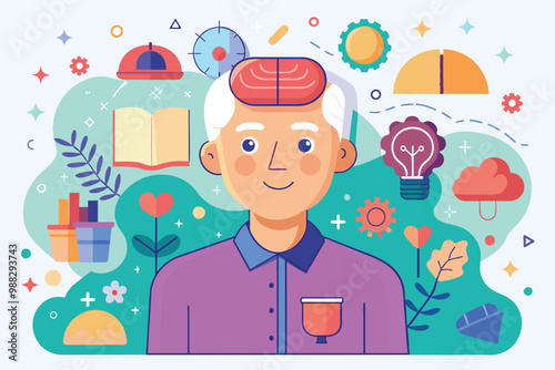 A vibrant illustration depicting a person, surrounded by elements symbolizing dementia awareness, creativity, and memory.