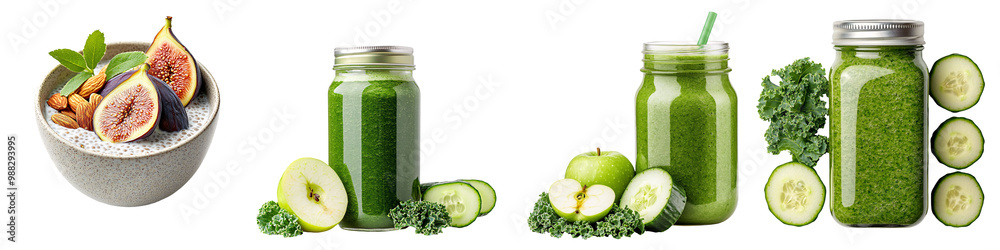 A variety of green smoothies made with kale, cucumber, and apple, accompanied by a chia seed bowl topped with fresh figs, almonds, and mint leaves.