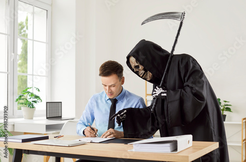 Businessman signing a contract with the grim reaper in an office, symbolizing the selling of his soul. This eerie reaper scythe and devilish presence, capturing the essence of death.