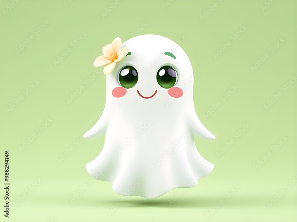 Adorable ghost with a sunny disposition, adorned with a cheerful flower. 3D render on a vibrant green backdrop. Adorable ghost with a sunny disposition, adorned with a cheerful flower. 3D render on a vibrant green backdrop.